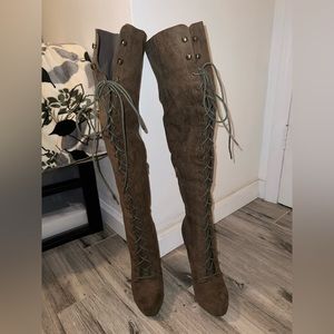 Olive thigh high boots